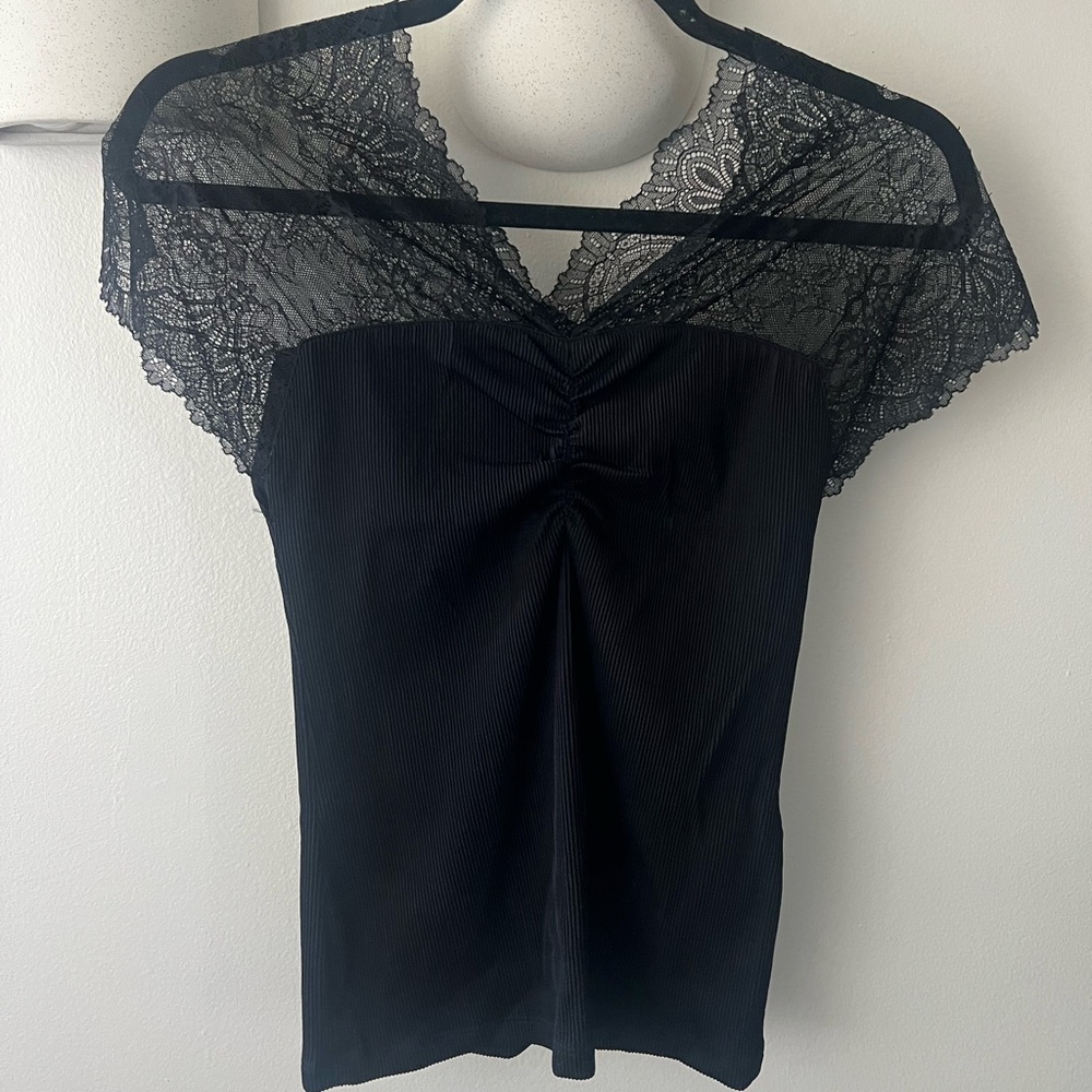 Maje Black Lace and Ribbed Top